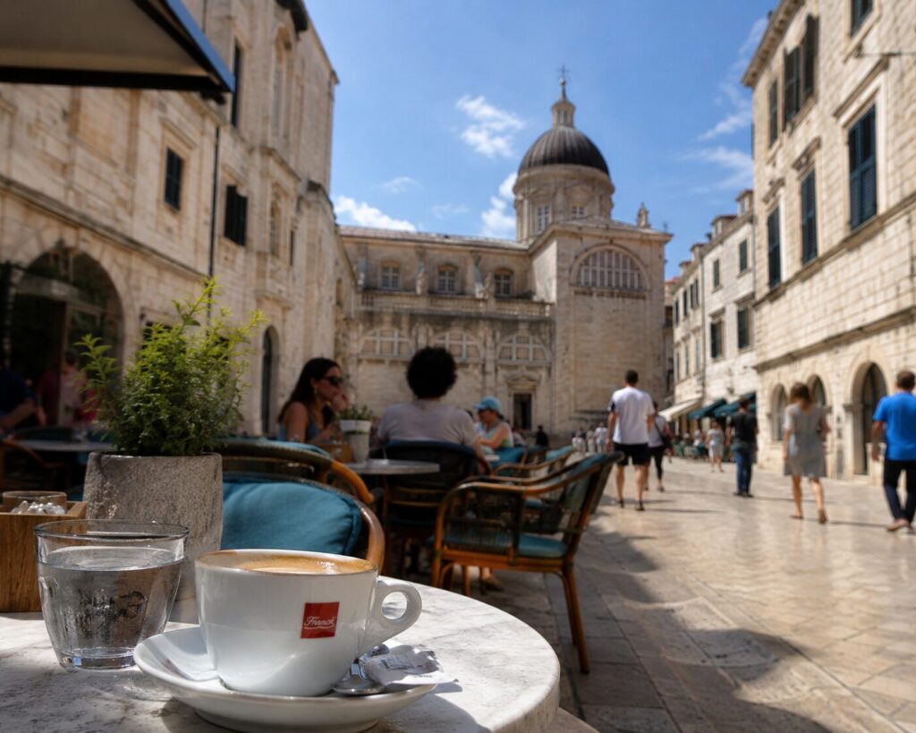 Traditional coffee culture in Dubrovnik Old Town with espresso, a glass of water, and historic limestone streets on a sunny day