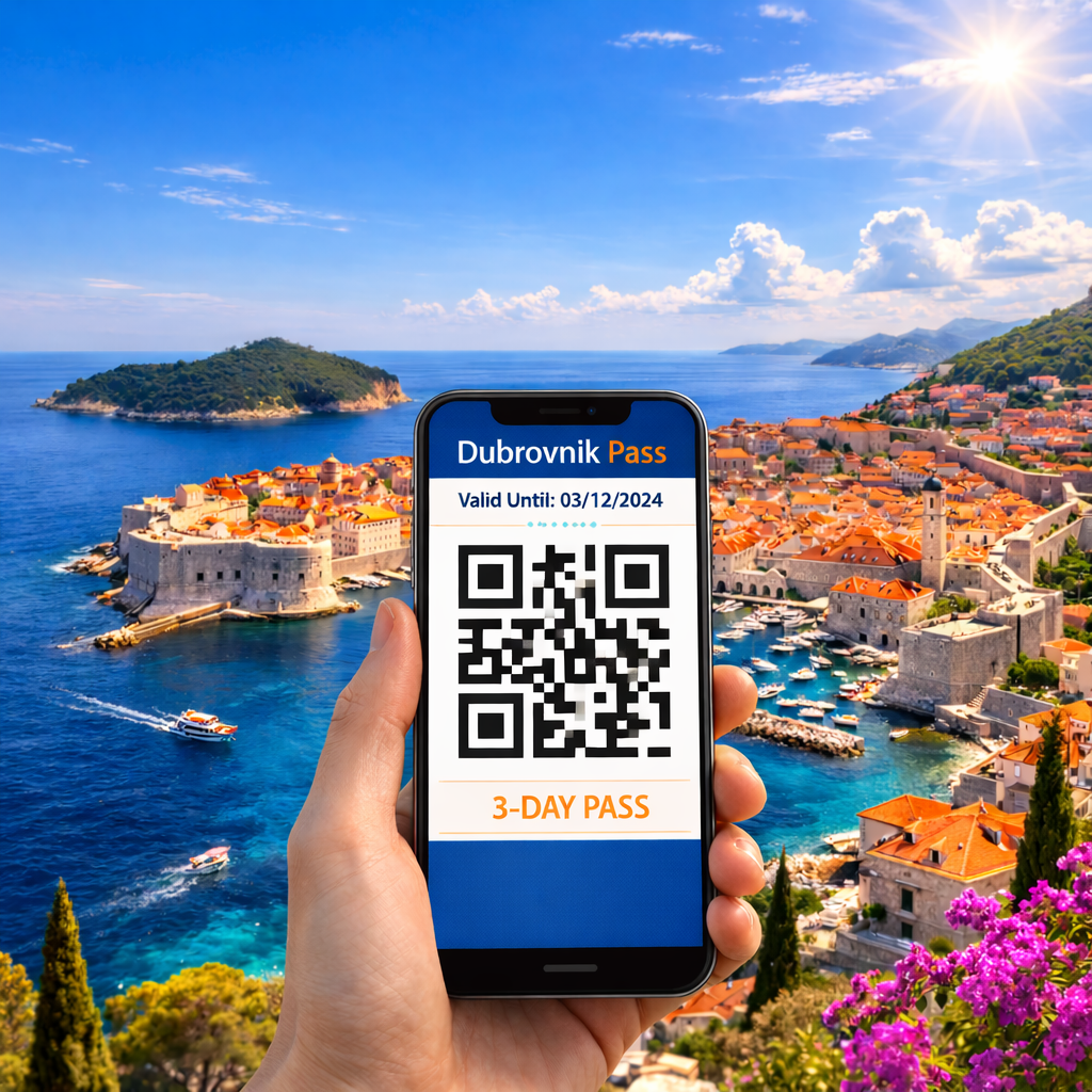 Digital Dubrovnik Pass QR code displayed on a smartphone with panoramic view of Dubrovnik Old Town and city walls in the background.