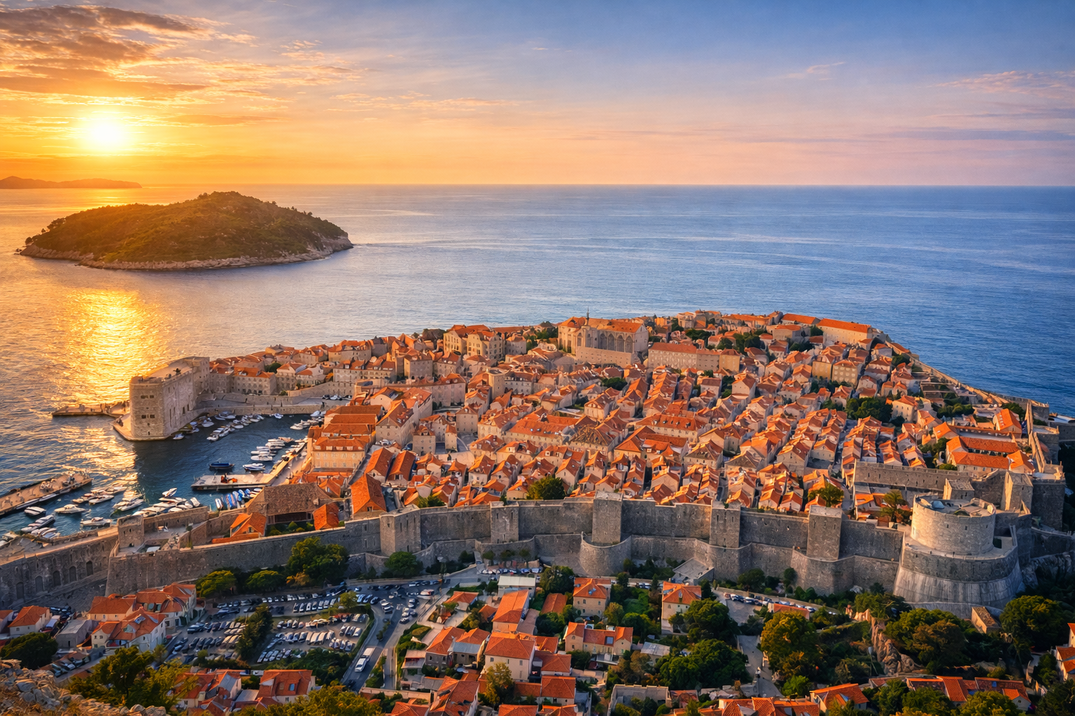 Dubrovnik Old Town city walls and Lokrum island view from Mount Srđ in Croatia