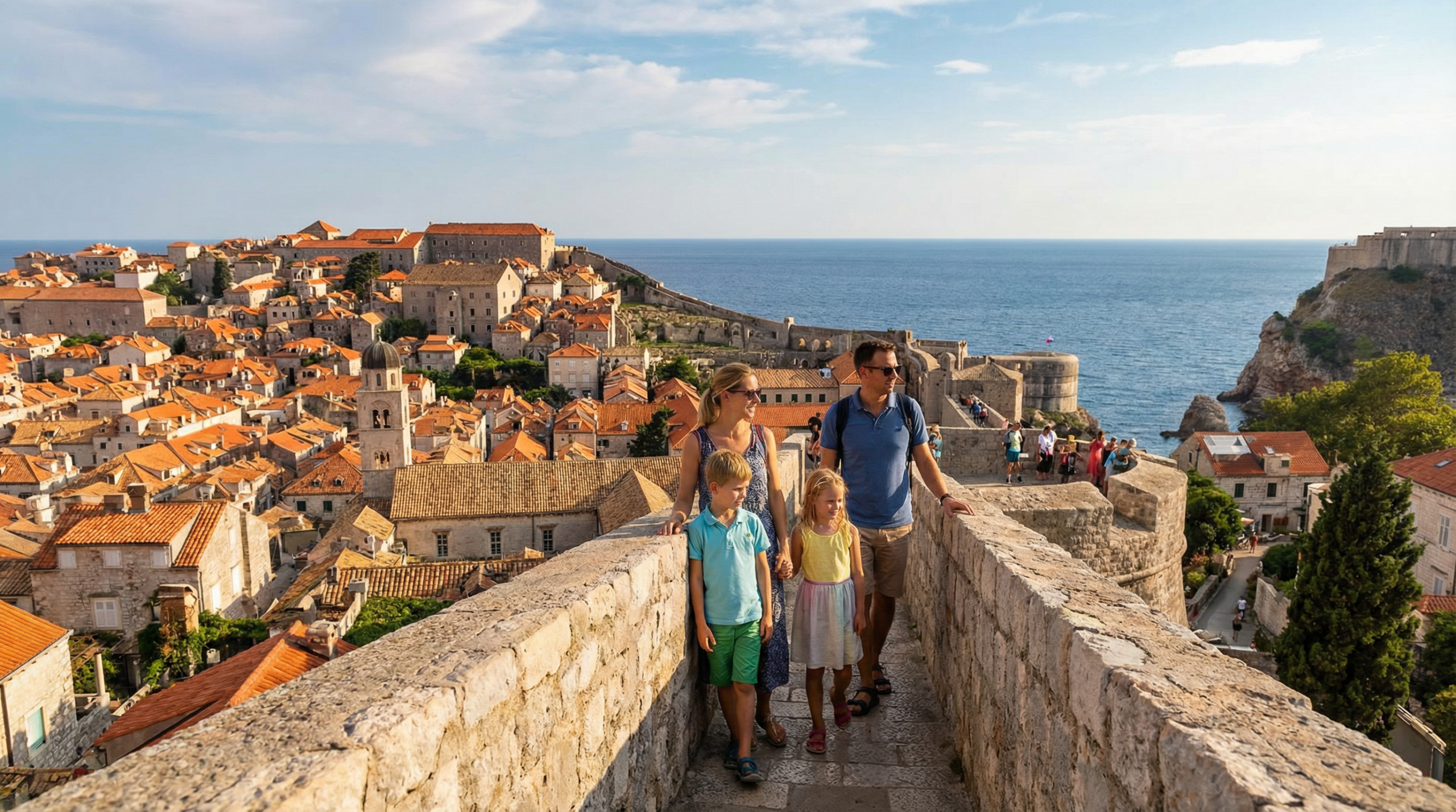Dubrovnik City Walls with kids overlooking Old Town and the Adriatic Sea
