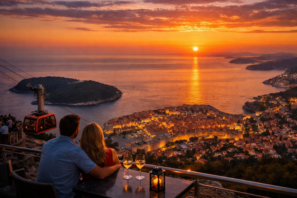 Romantic sunset view of Dubrovnik Old Town from Mount Srđ cable car viewpoint overlooking the Adriatic Sea