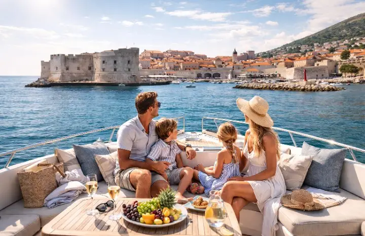 Family with children enjoying a boat ride in front of Dubrovnik Old Town and city walls