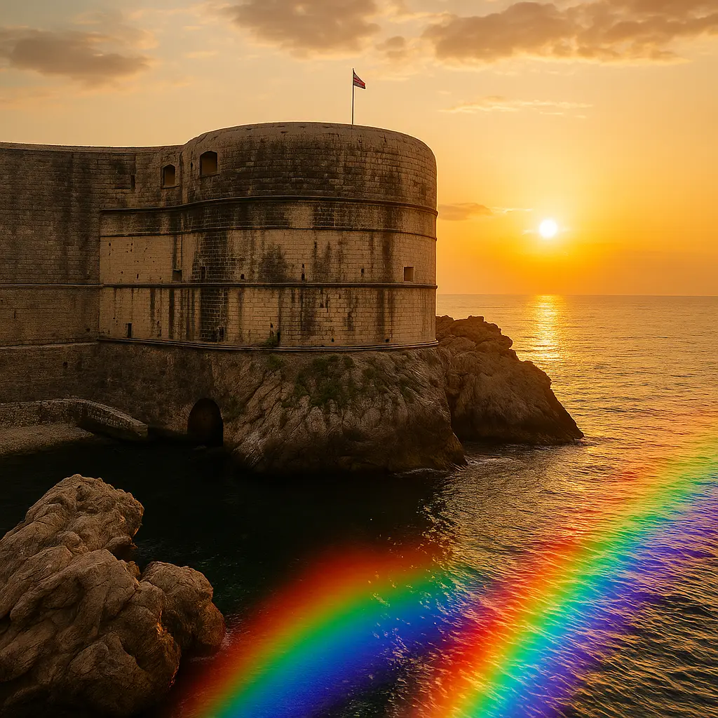 Rainbow light over Dubrovnik fortress at sunset symbolizing hidden LGBTQ history and Pride in Dubrovnik