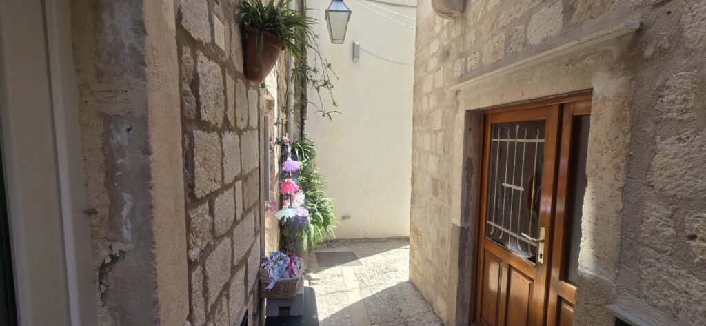 Quiet hidden street in Dubrovnik Old Town with stone houses, plants and sunlight