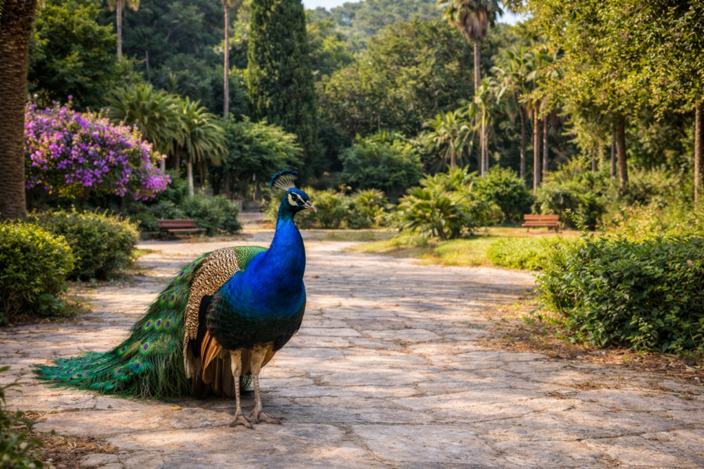 Peacock walking through Mediterranean gardens on Lokrum Island near Dubrovnik