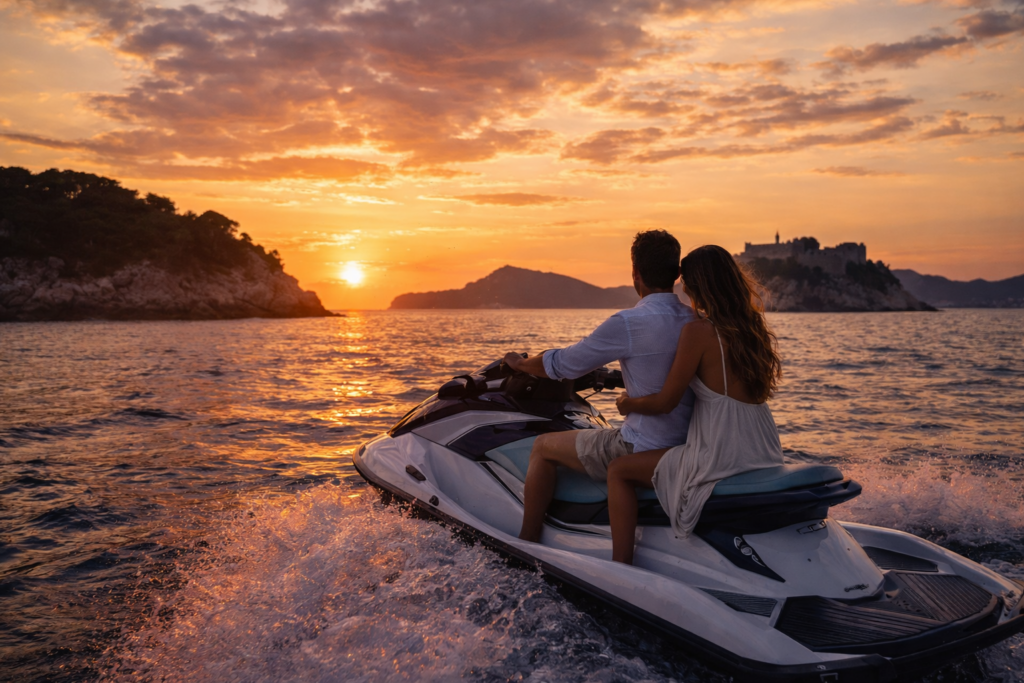 Couple riding a jet ski at sunset near Dubrovnik islands with the Adriatic Sea and historic fortress in the background