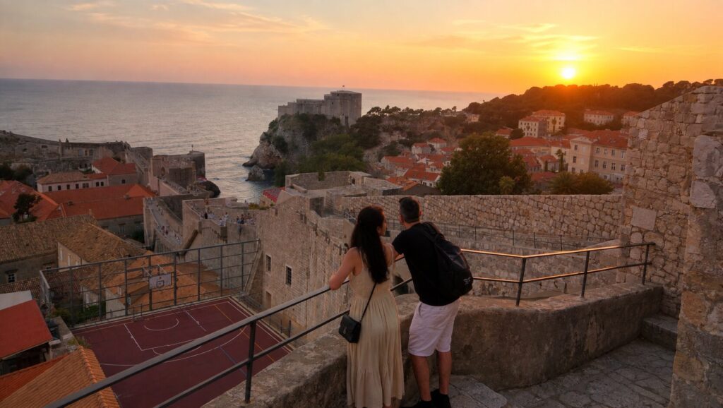 Couple watching the sunset from Dubrovnik City Walls with Fort Lovrijenac and the Adriatic Sea in view