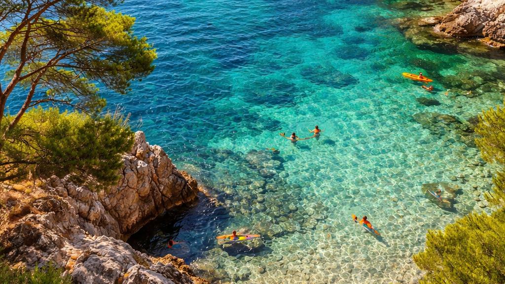 Crystal-clear Adriatic Sea near Dubrovnik with rocky coastline, turquoise water, and kayaking along the Dalmatian coast.