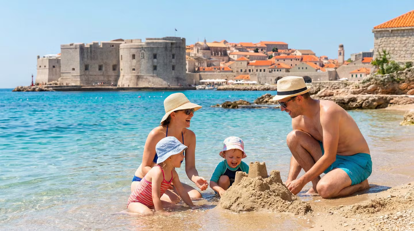 Lapad Bay beach in Dubrovnik with calm Adriatic water and family-friendly swimming area