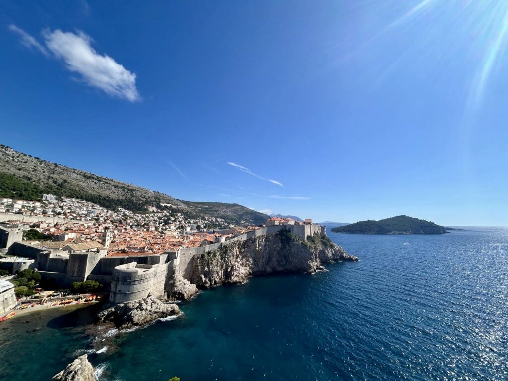 Dubrovnik City Walls and Old Town overlooking the Adriatic Sea with Lokrum Island in the background