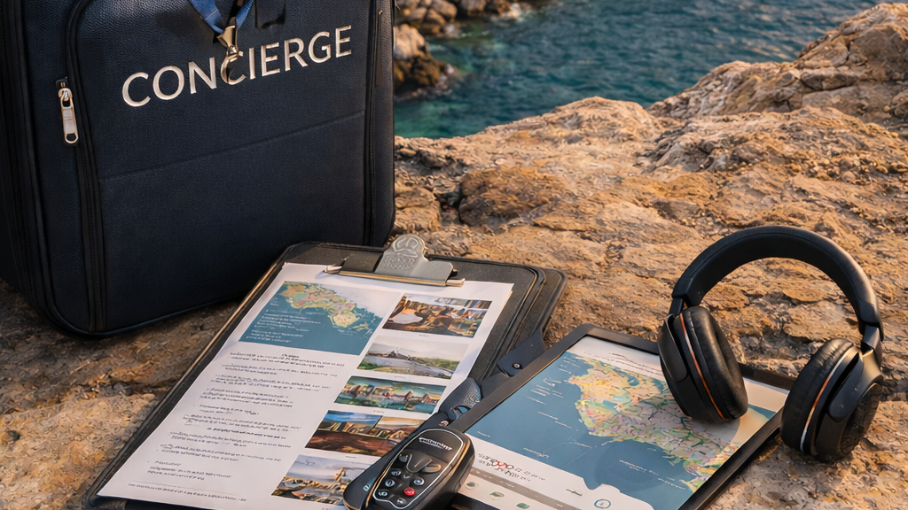 Concierge planning equipment overlooking Dubrovnik Old Town and the Adriatic Sea at sunset