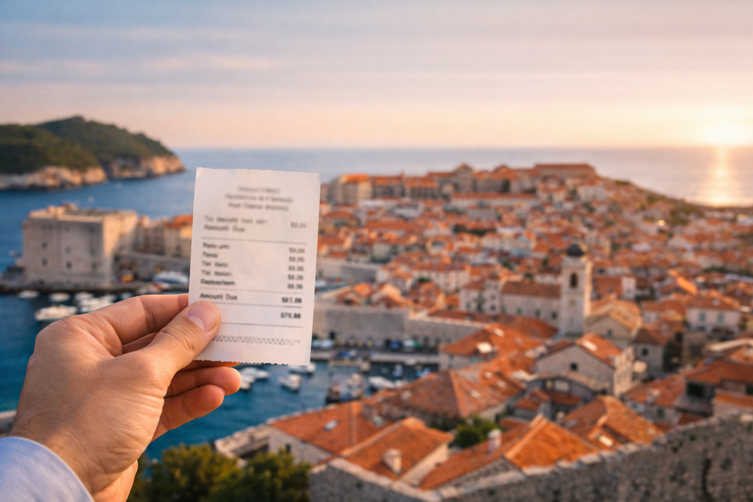 Dubrovnik Old Town view with a restaurant receipt in hand showing real travel costs in 2026