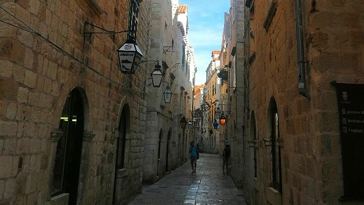 Quiet street in Dubrovnik Old Town in February with bright weather and very few tourists