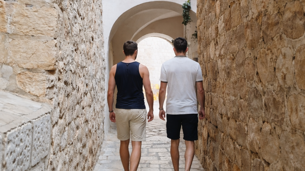 Two travelers walking through a narrow stone alley in Dubrovnik Old Town, exploring hidden LGBTQ history.