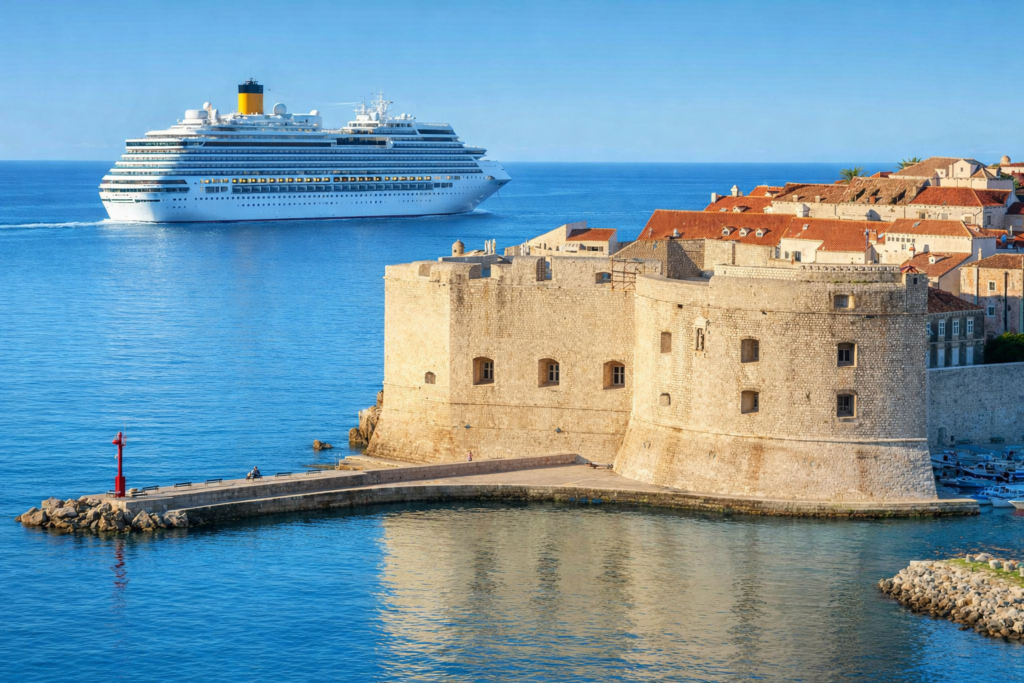 Dubrovnik Old Town city walls and Old Port with cruise ship in the background, Croatia
