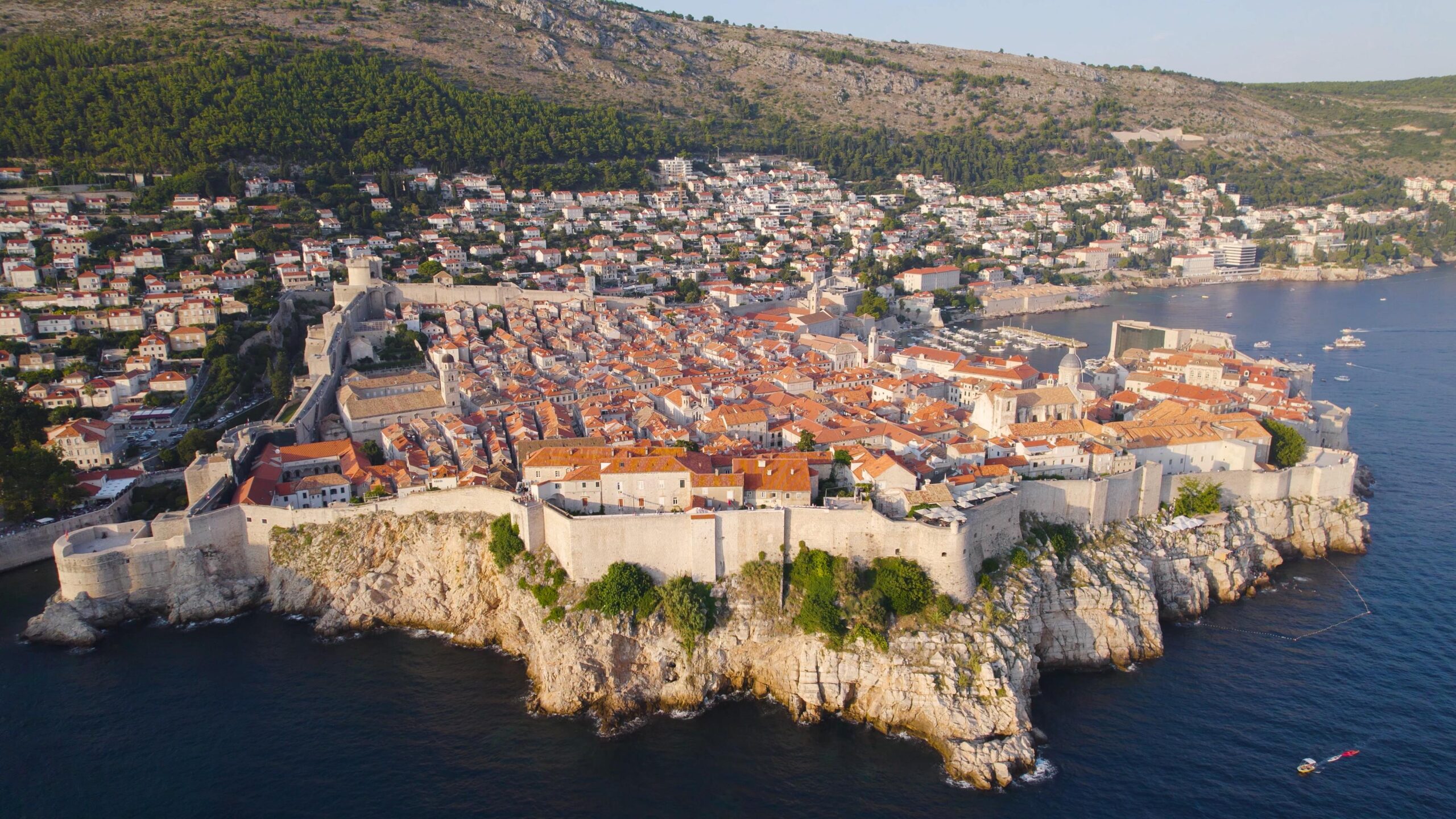 Aerial view of Dubrovnik Old Town and city walls on the Adriatic coast during a cruise shore excursion.