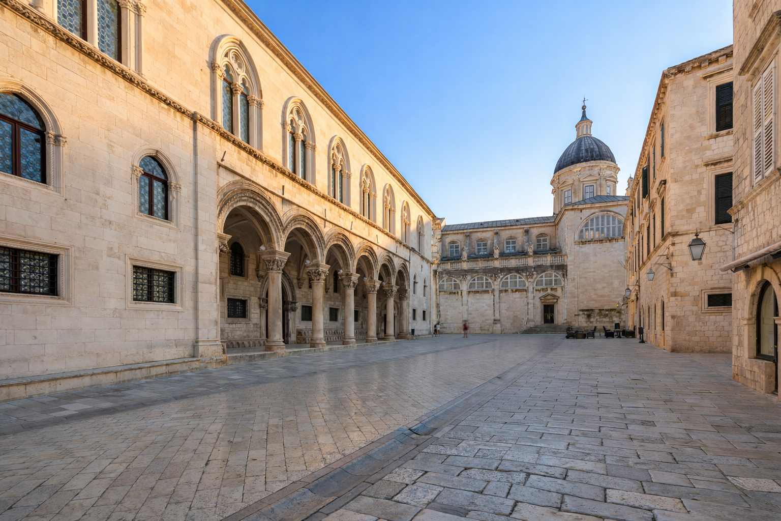 Early morning in Dubrovnik Old Town near Rector’s Palace with empty streets and soft sunrise light