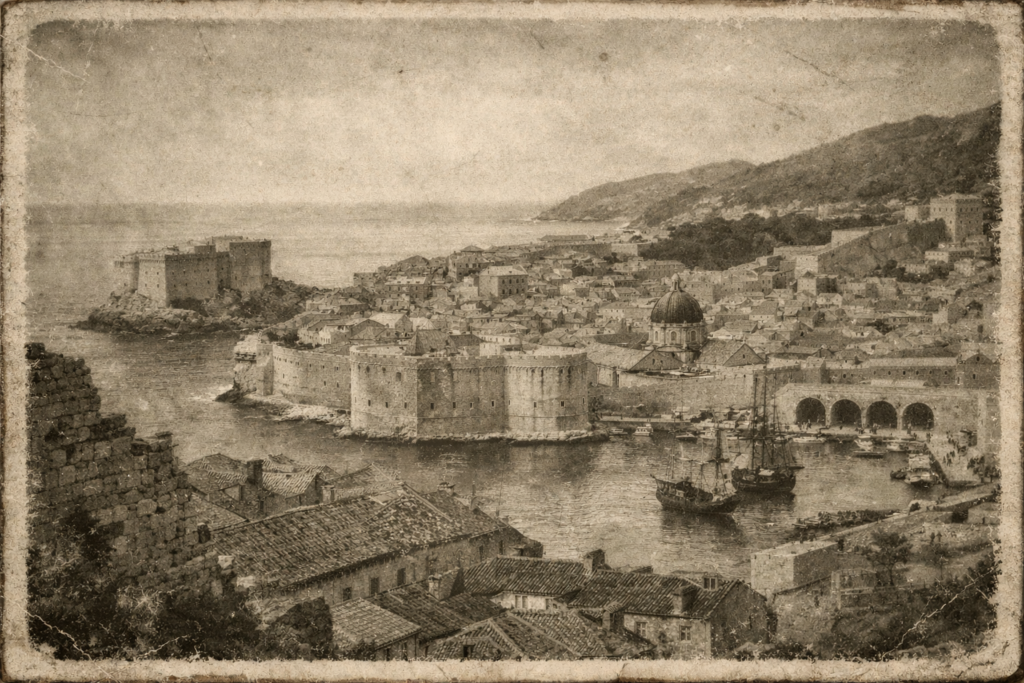Vintage-style image of Dubrovnik Old Town harbor and medieval city walls representing the historical Dubrovnik Republic