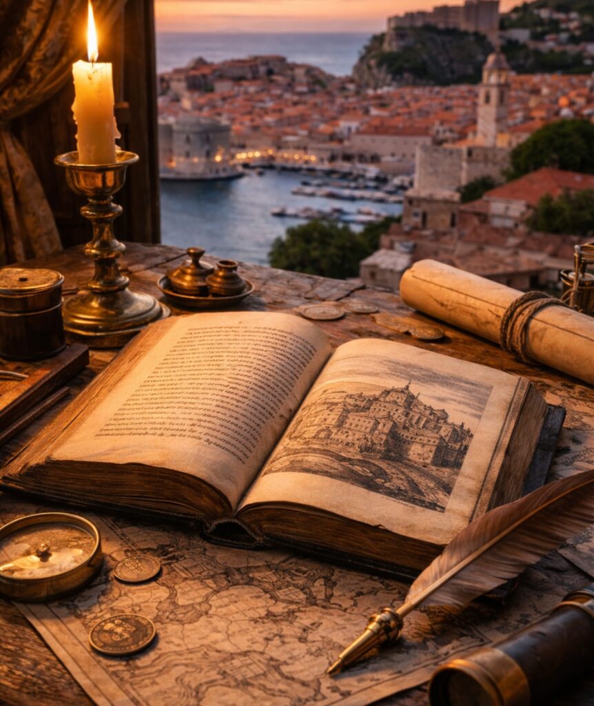 Ancient book and map overlooking Dubrovnik Old Town at sunset, symbolizing the history of the Republic of Ragusa