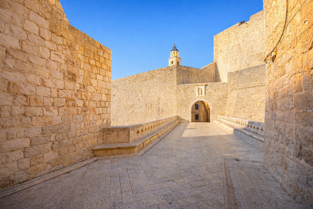 Early morning view of Dubrovnik Old Town entrance at Pile Gate bridge without crowds