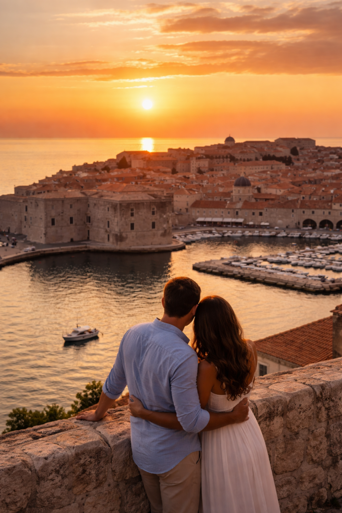 Couple enjoying a romantic sunset view over Dubrovnik Old Town and the Adriatic Sea