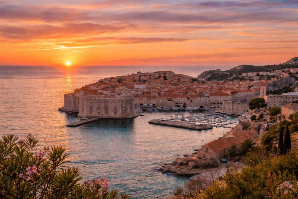 Sunset view of Dubrovnik Old Town and city walls above the Adriatic Sea without crowds