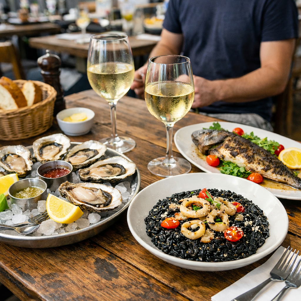 Fresh Adriatic seafood dinner with oysters, grilled fish, and black risotto served with white wine in Dubrovnik.