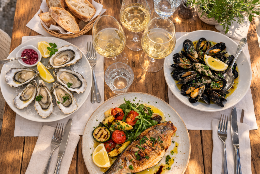 Seafood lunch in Dubrovnik with oysters, mussels and grilled fish with white wine