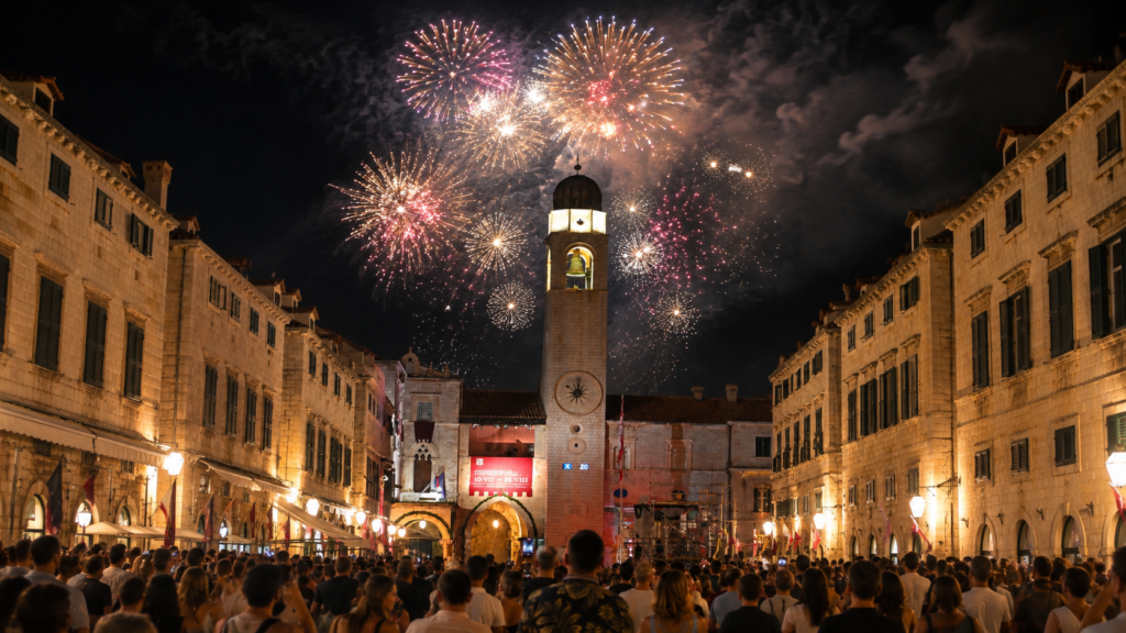 Dubrovnik Summer Festival fireworks above the Bell Tower and Stradun in Dubrovnik Old Town