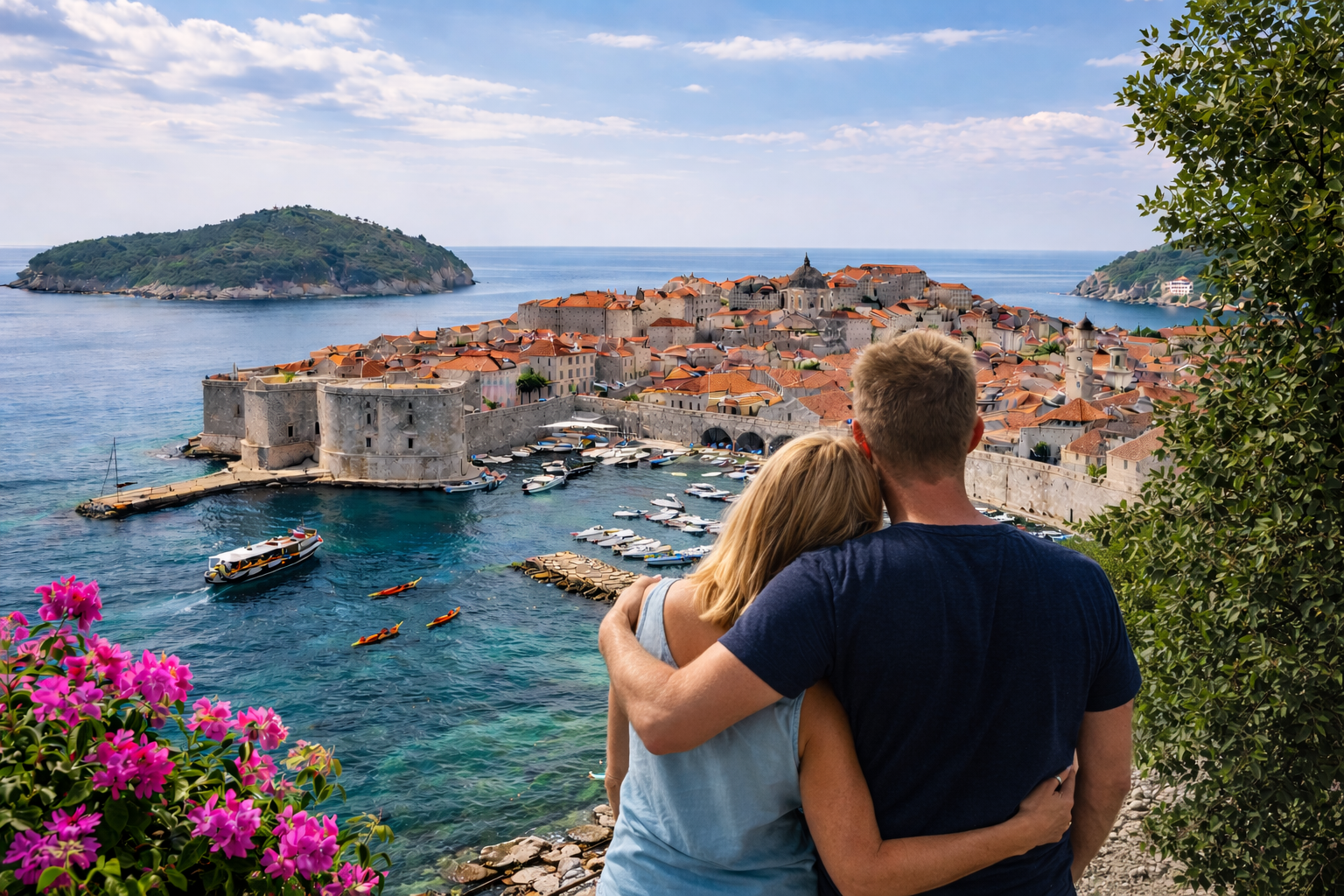 Couple overlooking Dubrovnik Old Town and Lokrum Island from a scenic viewpoint above the Adriatic Sea on a sunny day