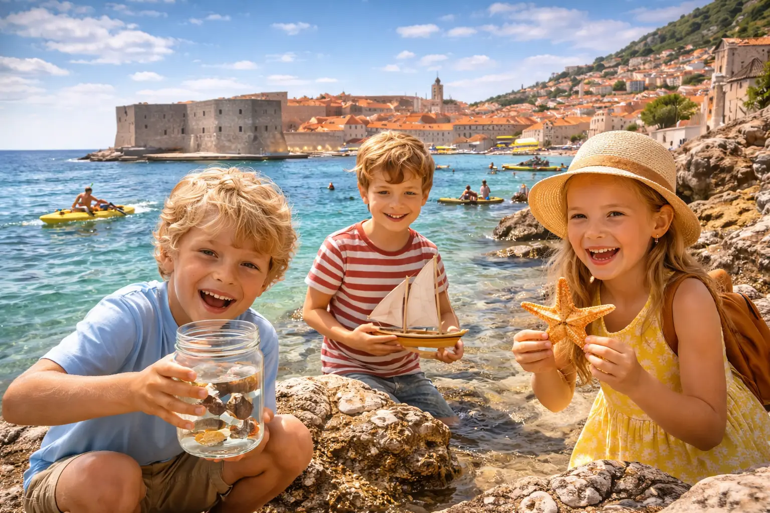 Children enjoying beach activities near Dubrovnik Old Town during a family vacation in Croatia