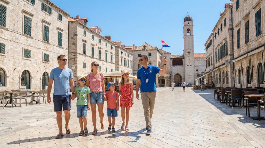 Family with children exploring Dubrovnik Old Town during a guided walking tour in Croatia.