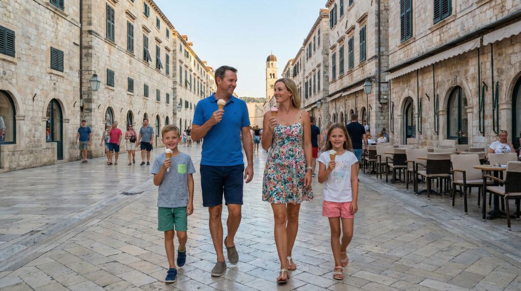 Family with children eating ice cream while walking along Stradun in Dubrovnik Old Town during a family vacation in Croatia.