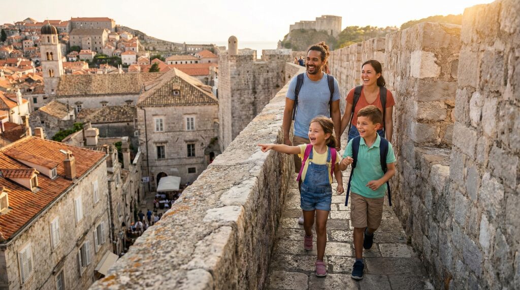 Family with children walking along the Dubrovnik City Walls overlooking Old Town during a family trip to Croatia.