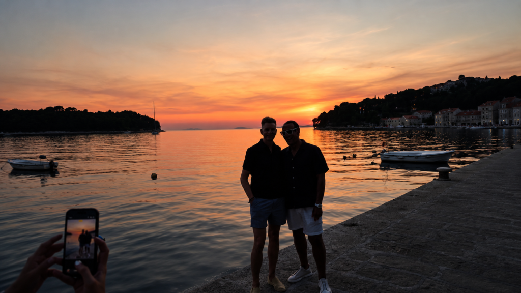 Gay couple enjoying a sunset in Cavtat during a private Dubrovnik tour