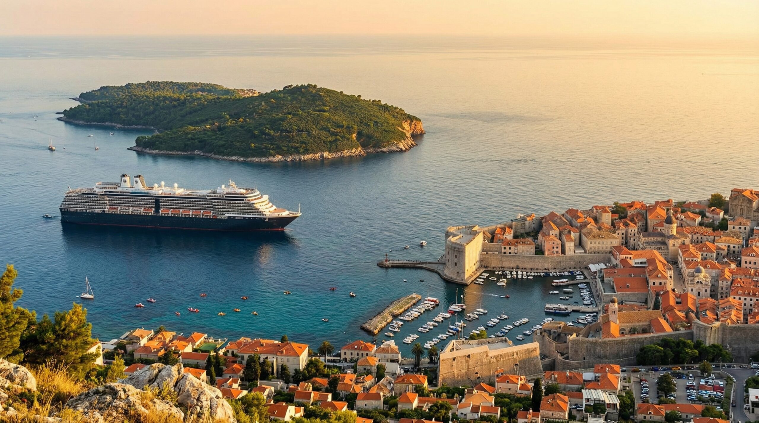 Private shore excursion in Dubrovnik with cruise ship anchored near Lokrum Island and Dubrovnik Old Town at sunset