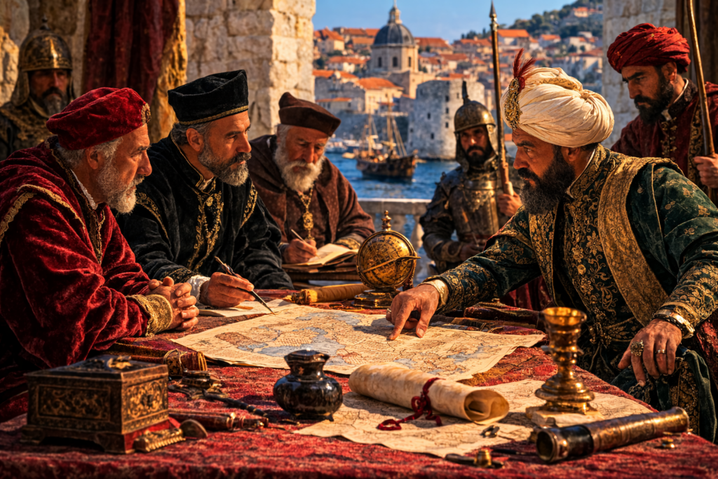 Ragusan diplomats negotiating with an Ottoman envoy in the Republic of Ragusa during the Renaissance