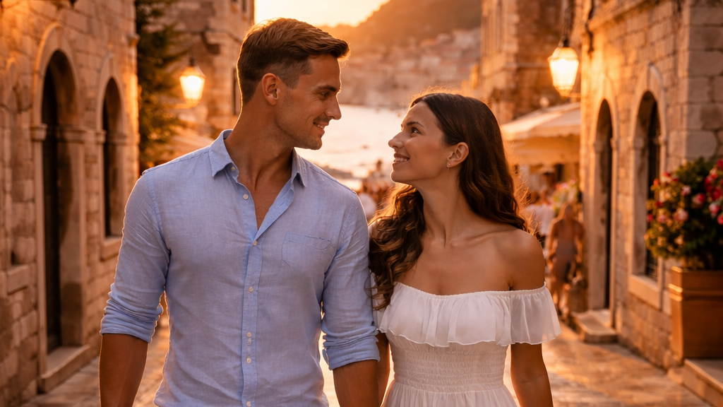 Romantic couple walking through Dubrovnik Old Town at sunset, one of the most romantic things to do in Dubrovnik