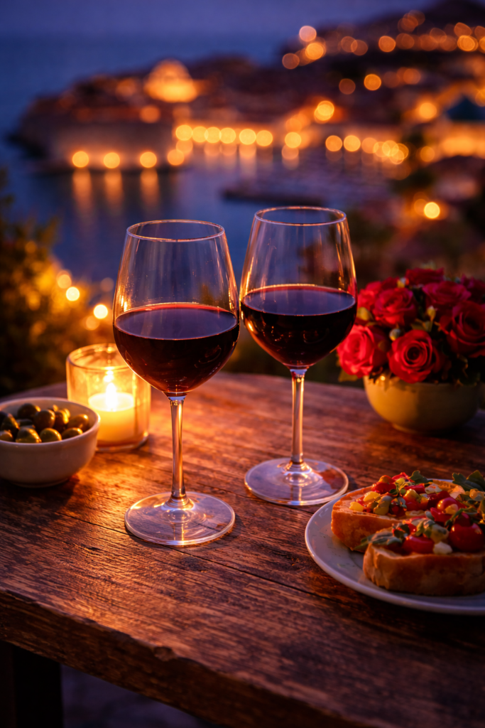 Two glasses of red wine on a table overlooking Dubrovnik Old Town illuminated at night.