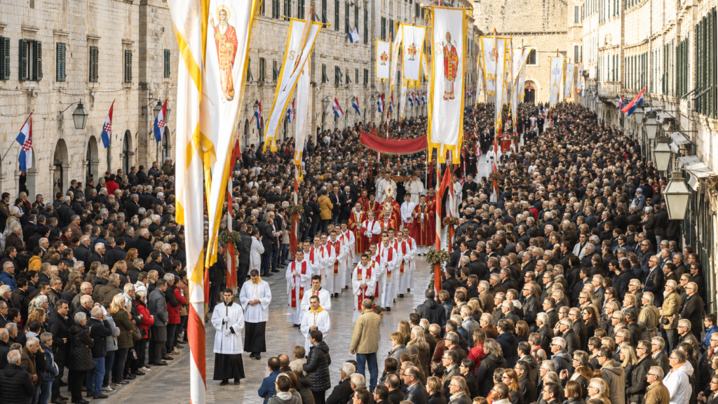 St Blaise Feast procession with traditional banners and crowds on Stradun in Dubrovnik Old Town