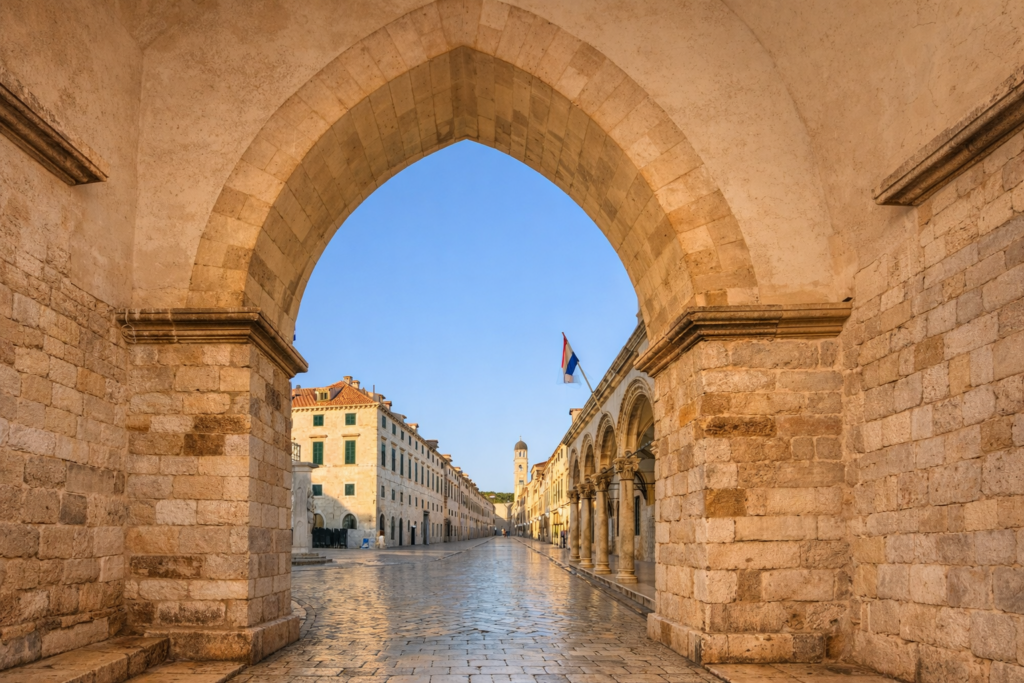 Early morning view of Stradun in Dubrovnik Old Town through historic stone arch with empty street and sunrise light