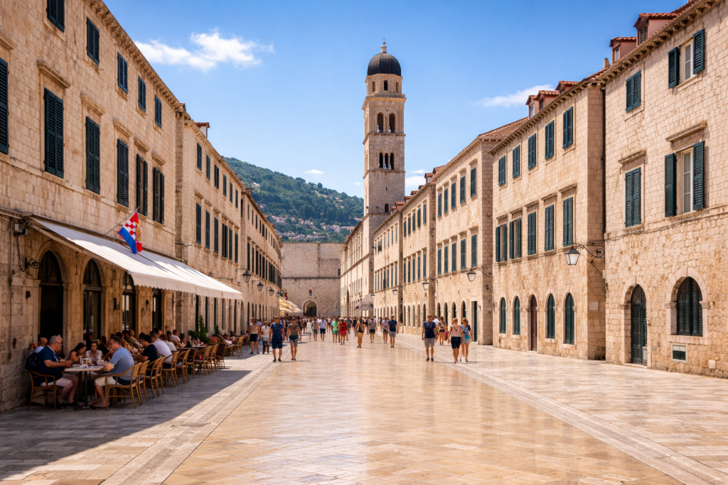 Stradun street in Dubrovnik Old Town with bell tower on a sunny day during Dubrovnik walking tours