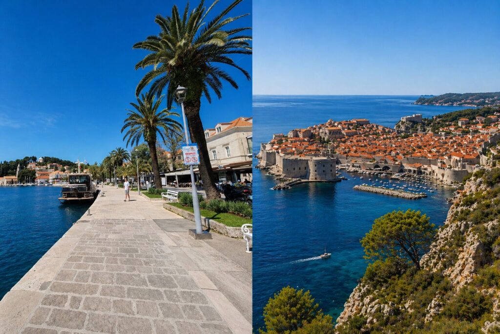 Cavtat promenade on the left and Dubrovnik Old Town panoramic view on the right during a private shore excursion in Croatia
