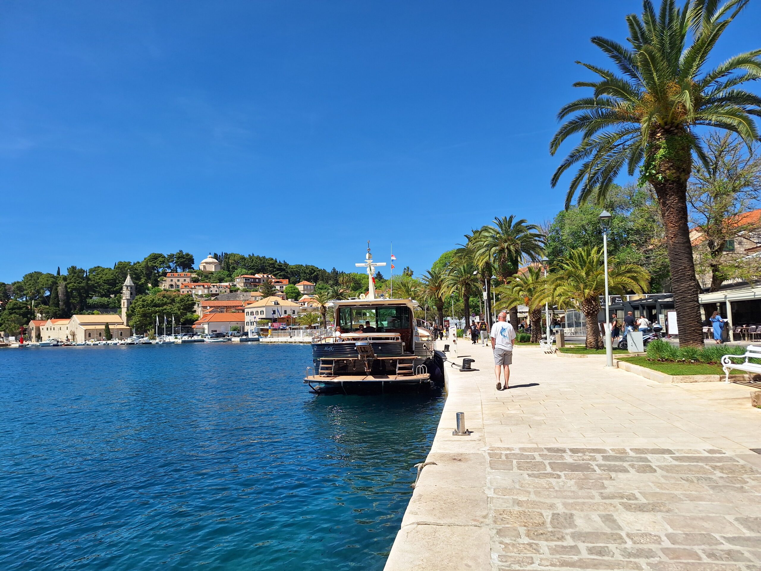 Cavtat waterfront promenade with palm trees, Adriatic Sea, and boats near Dubrovnik, part of a private shore excursion experience