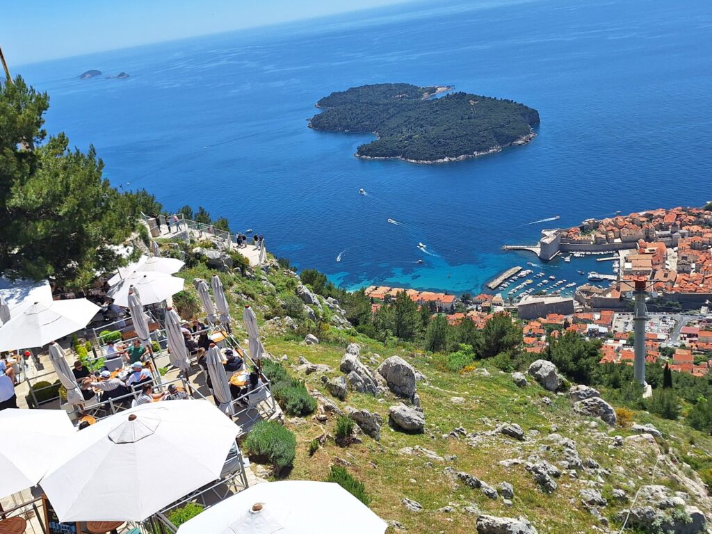 Dubrovnik cable car top station view from Mount Srđ with Old Town, Lokrum Island and terrace restaurant