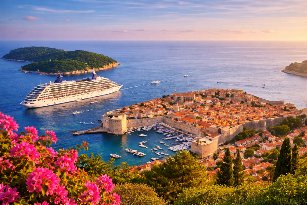 Cruise ship near Dubrovnik Old Town with panoramic view of city walls, Lokrum Island and Adriatic Sea at sunset