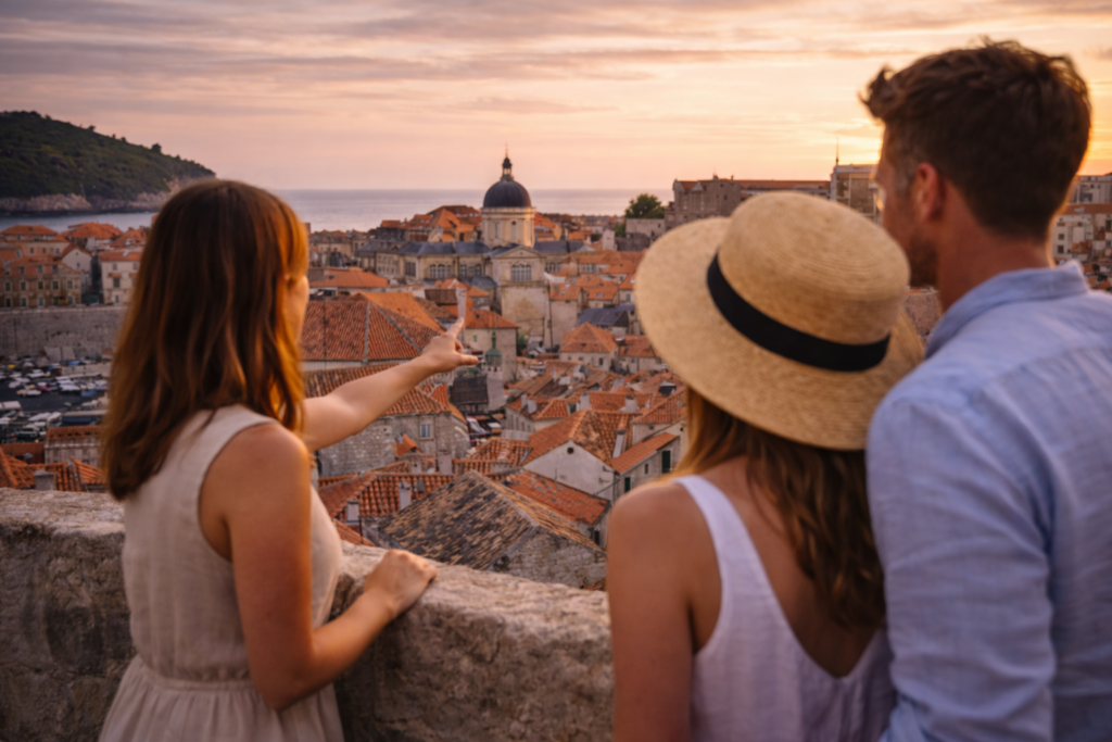 Luxury Dubrovnik travel experience with guide explaining history to couple overlooking Old Town
