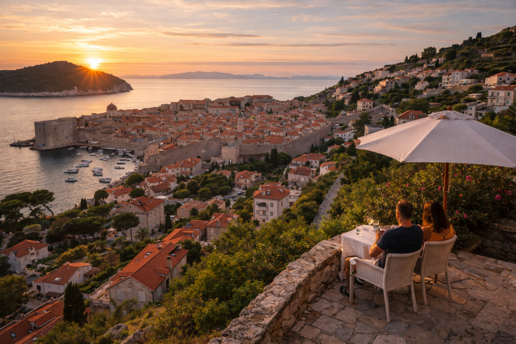 Dubrovnik view from outside Old Town with peaceful terrace and sunset over Adriatic Sea