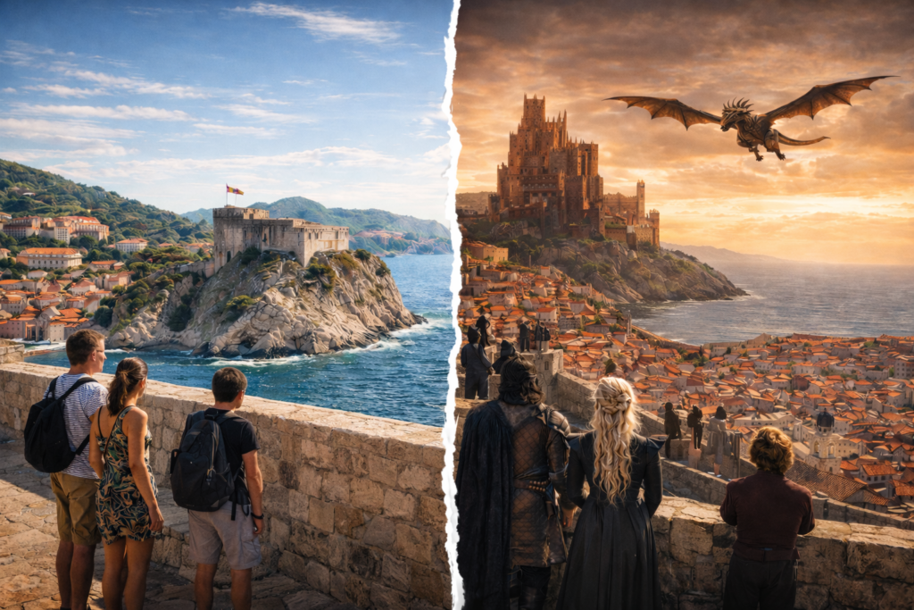 Split view Dubrovnik city walls and Game of Thrones King’s Landing with dragon showing reality vs fiction comparison