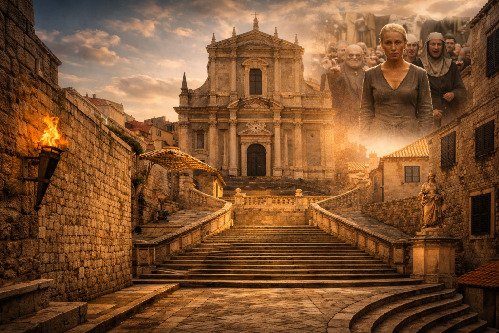 Jesuit Staircase in Dubrovnik, filming location of the Walk of Shame scene in Game of Thrones, Baroque architecture leading to St. Ignatius Church